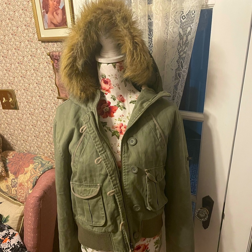 Steve Madden Olive Green Jacket with Faux Fur Hood